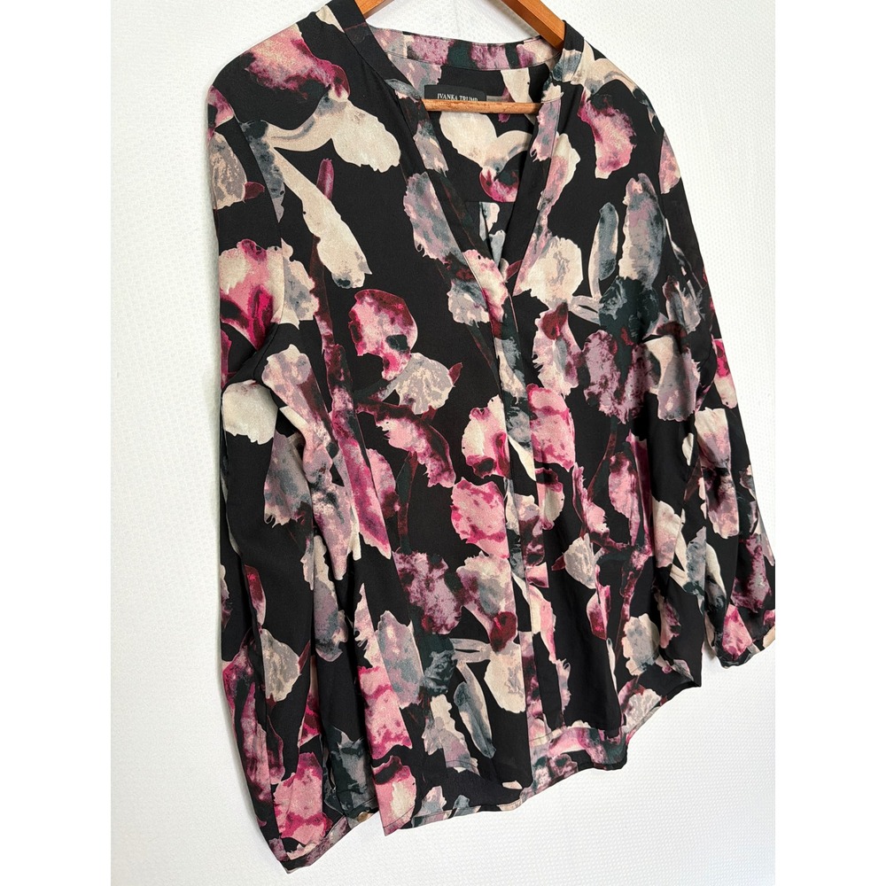 Ivanka Trump Womens Floral V-Neck Blouse Black Pink Purple Long Sleeve Large - Picture 4 of 9